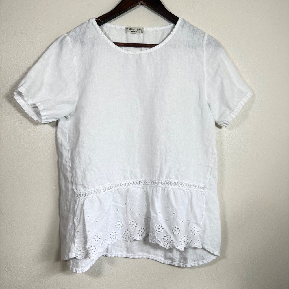 Terzo Millennio Eyelet Lace Peplum Linen Blouse Size Medium White